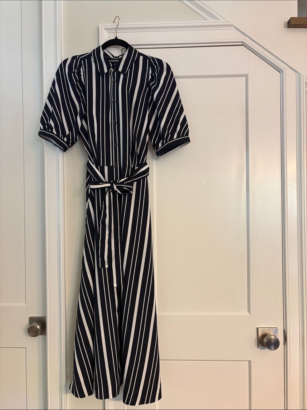 Ann Taylor Navy Blue and White Striped Maxi Shirt Dress